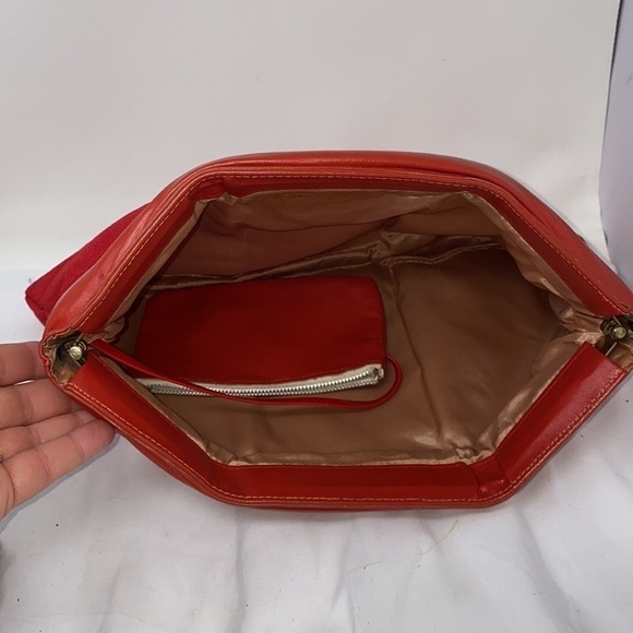 Large Red Vintage Clutch Linen Leather Bag Purse - Picture 4 of 10